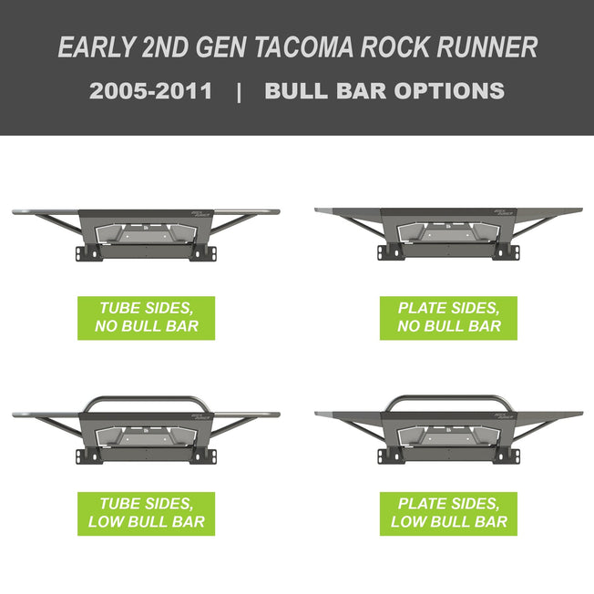 Collection of digital renderings showing the tube side and bull bar options for the early 2nd Gen Tacoma Rock Runner bumper from C4 Fabrication - tube side with no bull bar, tube side with low bull bar, plate side with no bull bar and plate side with low bull bar. 