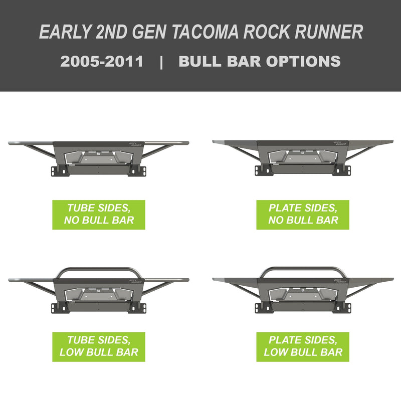 Collection of digital renderings showing the tube side and bull bar options for the early 2nd Gen Tacoma Rock Runner bumper from C4 Fabrication - tube side with no bull bar, tube side with low bull bar, plate side with no bull bar and plate side with low bull bar. 