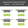 Collection of digital renderings showing the tube side and bull bar options for the early 2nd Gen Tacoma Rock Runner bumper from C4 Fabrication - tube side with no bull bar, tube side with low bull bar, plate side with no bull bar and plate side with low bull bar. 