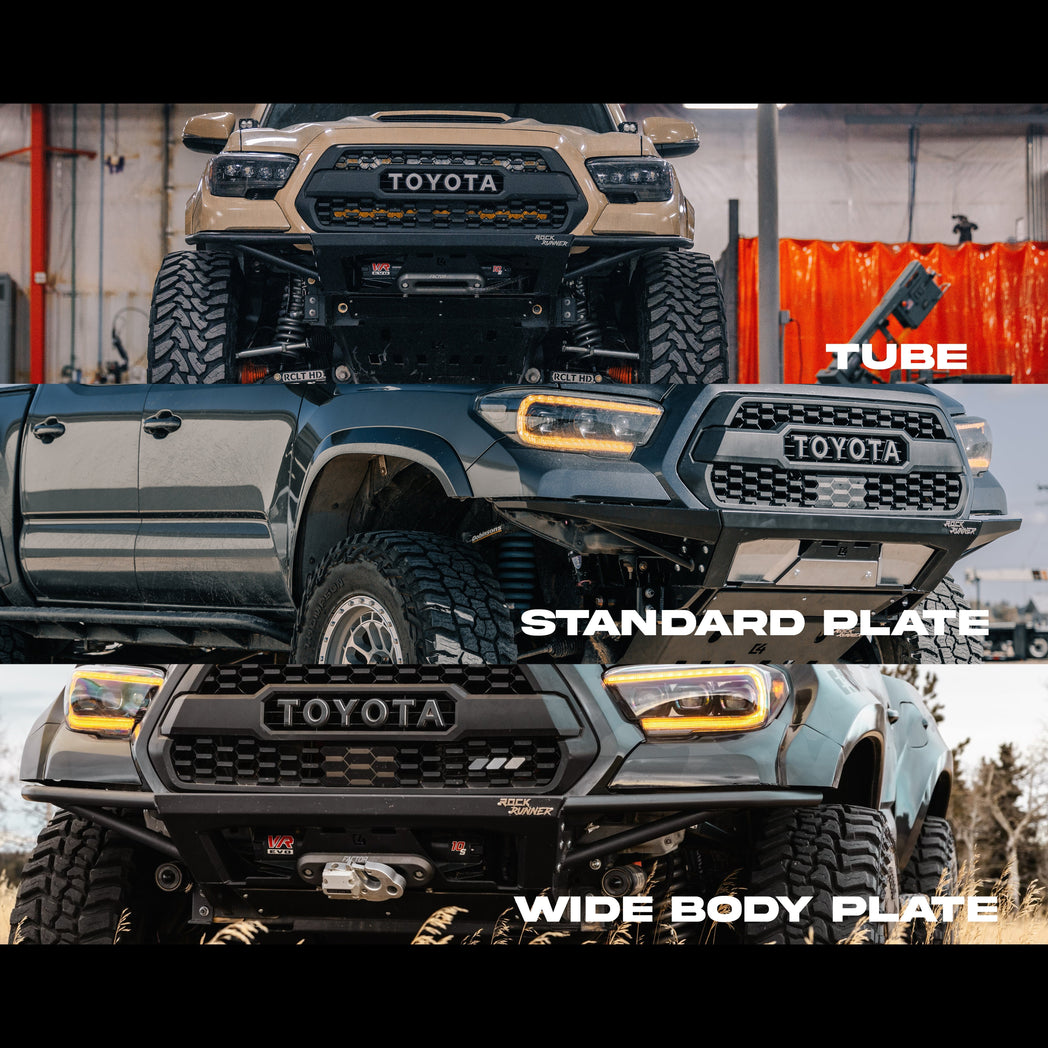 Composite of three photos showing the C4 Rock Runner bumper for Tacoma with tube sides, standard plate sides and wide body plate sides. 
