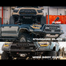 Composite of three photos showing the C4 Rock Runner bumper for Tacoma with tube sides, standard plate sides and wide body plate sides. 