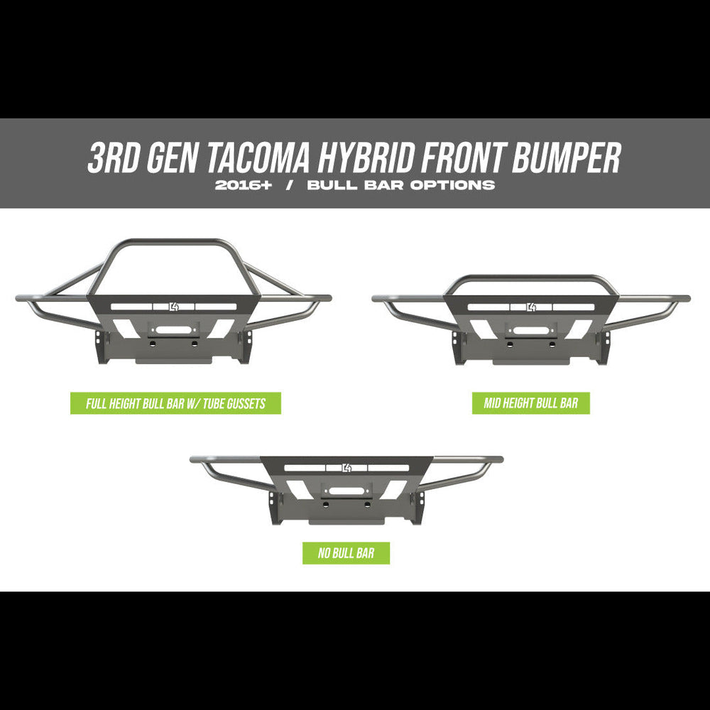 Three digital renderings showing the three bull bar options for the C4 Hybrid winch bumper - no bull bar, mid-height bull bar and full-height bull bar with tube gussets.
