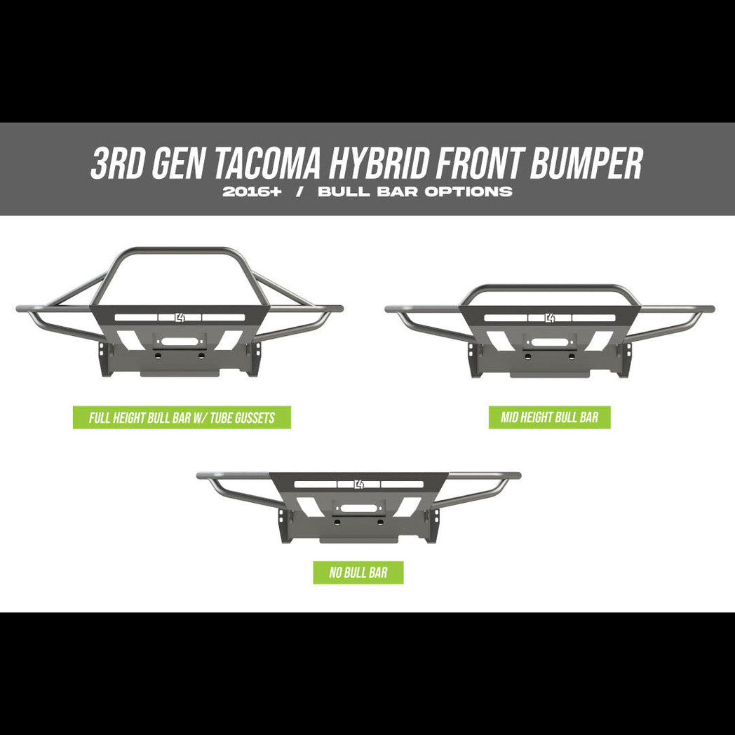 Three digital renderings showing the three bull bar options for the C4 Hybrid winch bumper - no bull bar, mid-height bull bar and full-height bull bar with tube gussets.