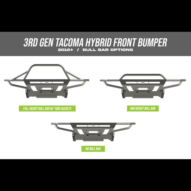 Three digital renderings showing the three bull bar options for the C4 Hybrid winch bumper - no bull bar, mid-height bull bar and full-height bull bar with tube gussets.