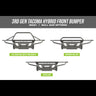 Three digital renderings showing the three bull bar options for the C4 Hybrid winch bumper - no bull bar, mid-height bull bar and full-height bull bar with tube gussets.