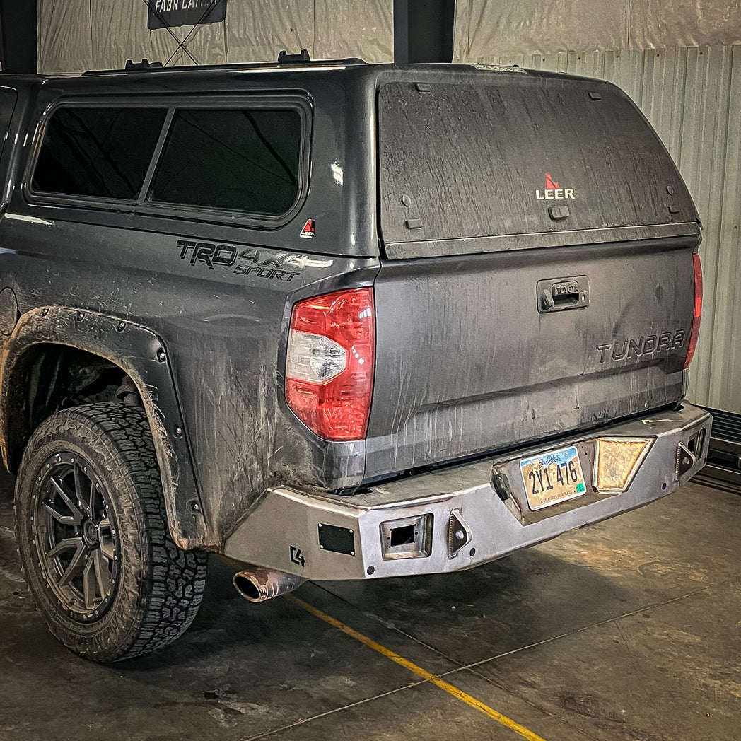 Overland rear bumper from C4 installed on a 2014-2021 Tundra showing the raw steel state that all C4 bumpers ship to customers in.