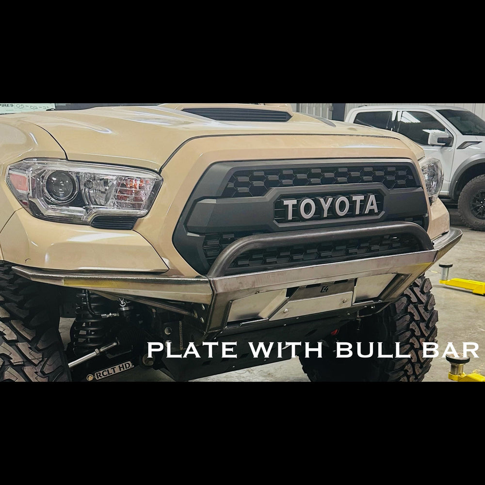 View of a C4 Rock Runner Tacoma bumper with plate sides and bull bar in raw metal - the form all C4 bumpers ship to consumers.
