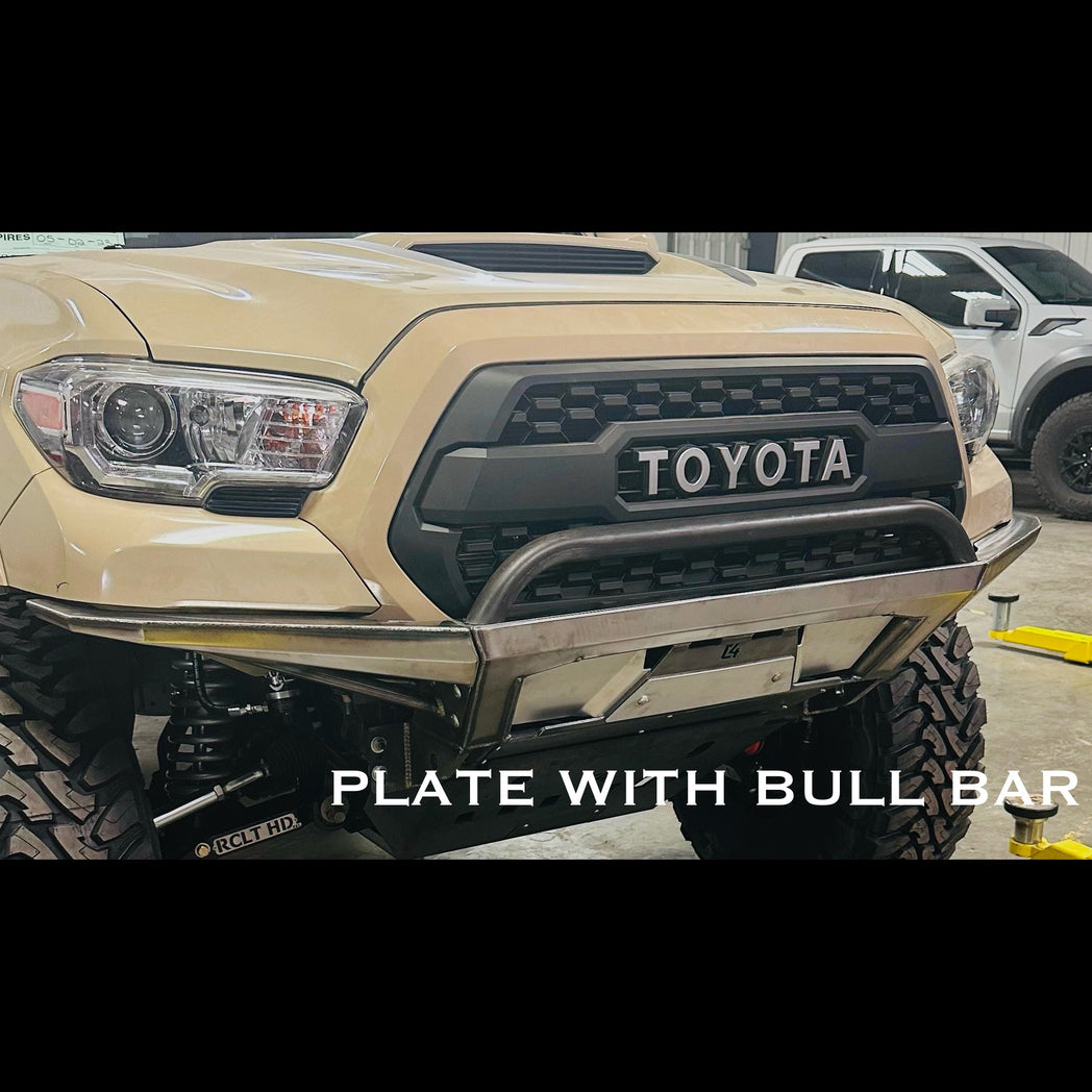 View of a C4 Rock Runner Tacoma bumper with plate sides and bull bar in raw metal - the form all C4 bumpers ship to consumers.