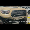 View of a C4 Rock Runner Tacoma bumper with plate sides and bull bar in raw metal - the form all C4 bumpers ship to consumers.