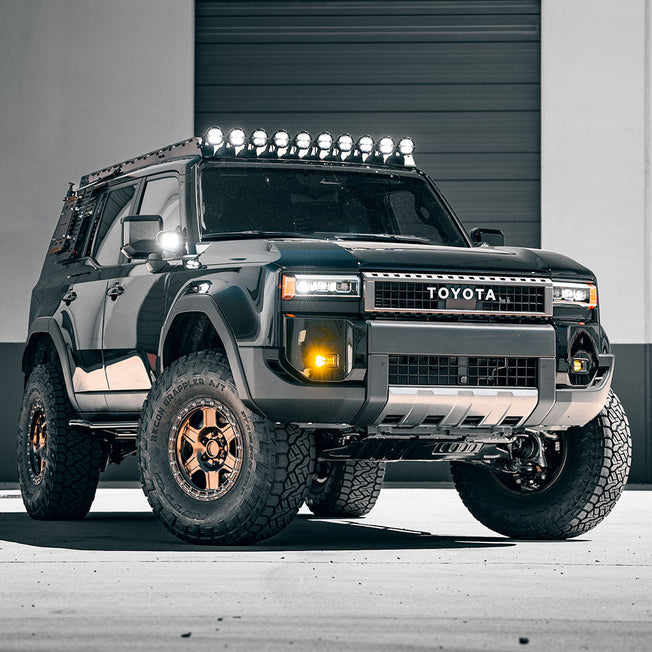 2024-2025 Toyota Land Cruiser LC250 Westcott Designs Roof Rack with 10-Light Rigid Industries 4" 360 RGBW Lights-3/4 Full Truck Pic