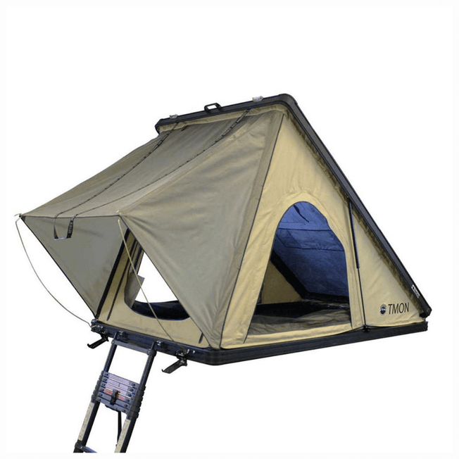 LD TMON Clamshell Aluminum Hard Shell Roof Top Tent - 2 Person Capacity, Tan Body & Green Rainfly