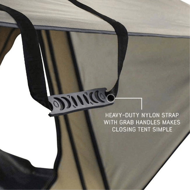 LD TMON Clamshell Aluminum Hard Shell Roof Top Tent - 2 Person Capacity, Tan Body & Green Rainfly