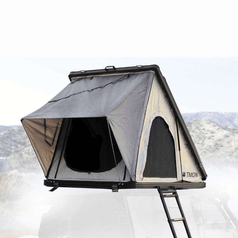 LD TMON Clamshell Aluminum Hard Shell Roof Top Tent - 2 Person Capacity, Tan Body & Green Rainfly