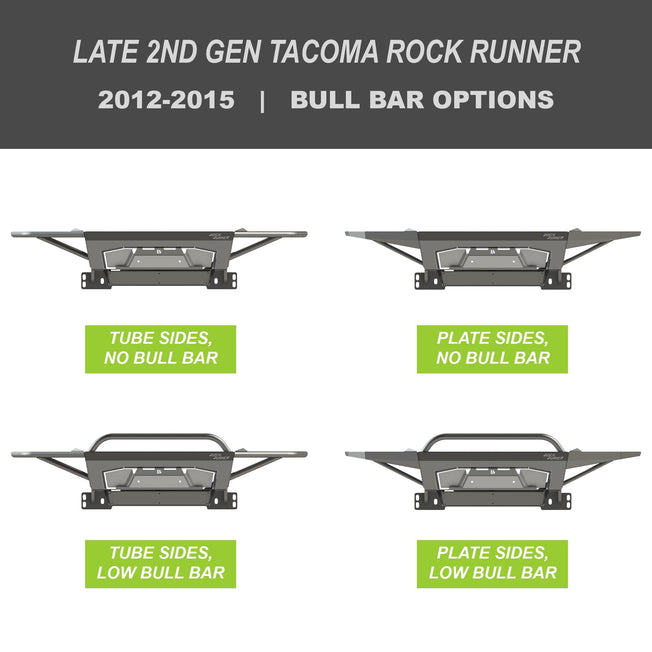 Collection of digital renderings showing the tube side and bull bar options for the late 2nd Gen Tacoma Rock Runner bumper from C4 Fabrication - tube side with no bull bar, tube side with low bull bar, plate side with no bull bar and plate side with low bull bar. 