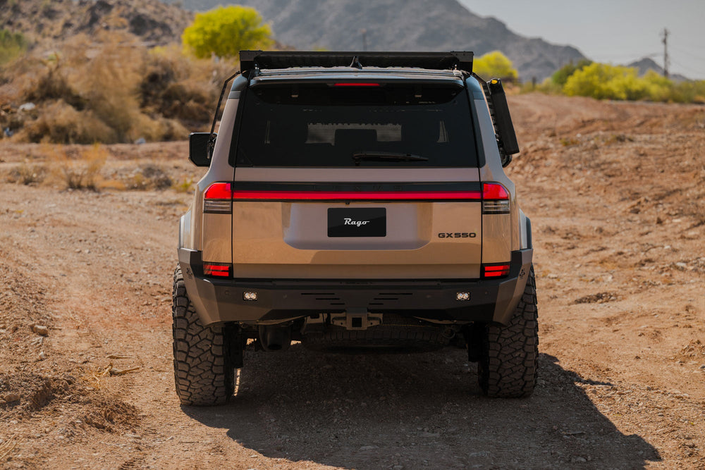 Straight-on angle of the full-width, steel, off-road rear bumper for the Lexus GX 550.