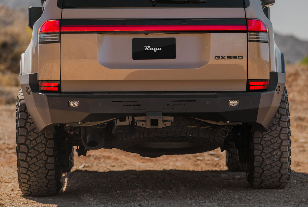 Close-up view of the full-width, steel, off-road rear bumper for the Lexus GX 550 and it's impressive clearance.