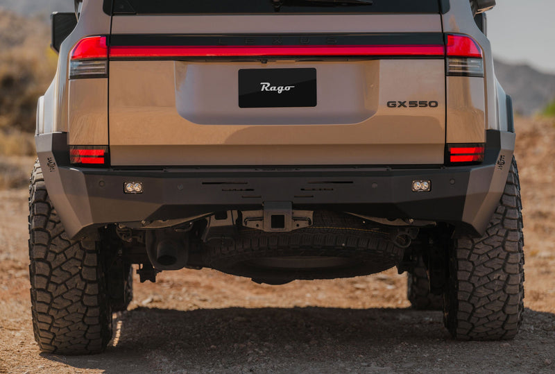 Close-up view of the full-width, steel, off-road rear bumper for the Lexus GX 550 and it's impressive clearance.