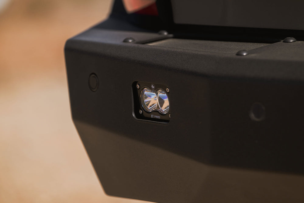 Close-up of the S2 light pods mounted in our full-width, steel, off-road rear bumper for the Lexus GX 550.