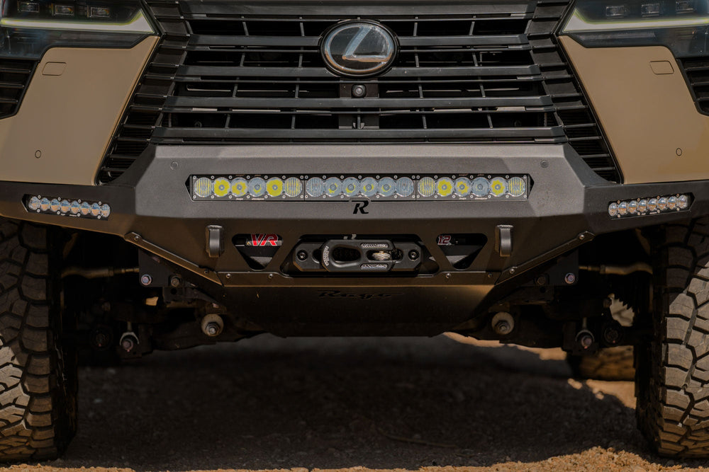 Close-up of the Rago GX 550 front bumper with detail of the Light bars, winch mount, d-Ring mounts, and skid plate.