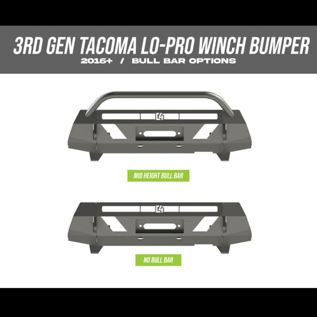 Digital renderings showing the two available bull bar options for the Tacoma Lo-Pro bumper, no bull bar and mid-height bull bar. 