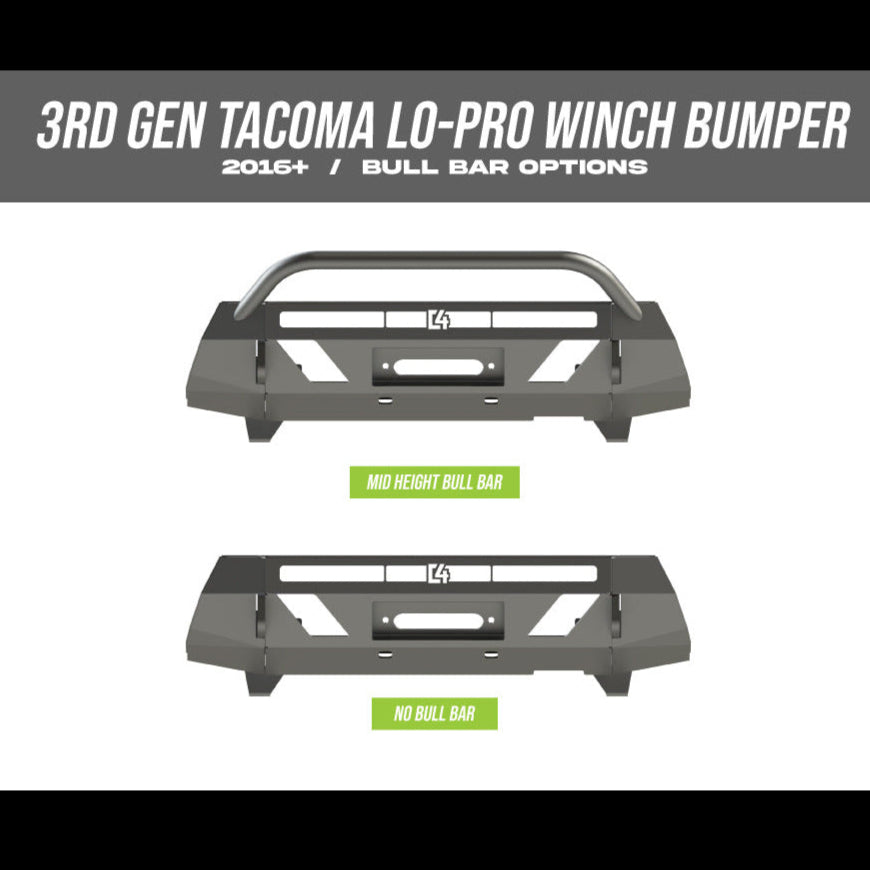 Cover photo for the C4 Lo-Pro front winch bumper for the 3rd Generation Toyota Tacoma with the background faded out and emphasis on the truck and its bumper.