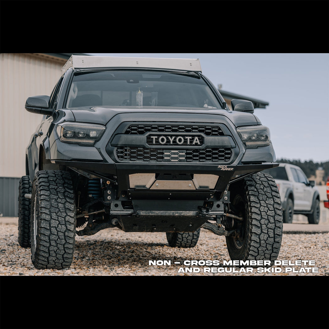 Front view of a Tacoma with no crossmember delete, showing how far down the crossmember and skid hang. 