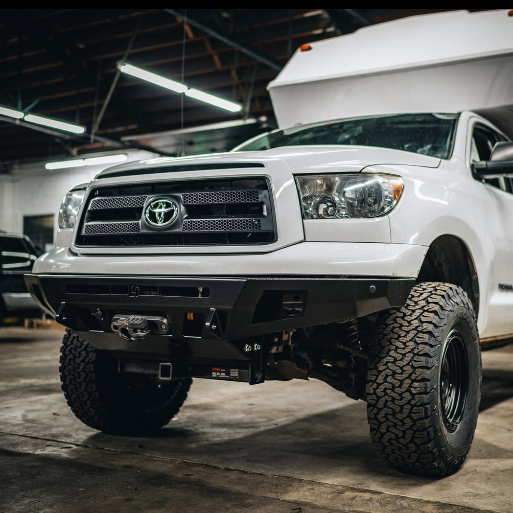 Low angle photo showing the clearance and tow points of the Overland Bumper from C4 for the early second generation Toyota Tundra.