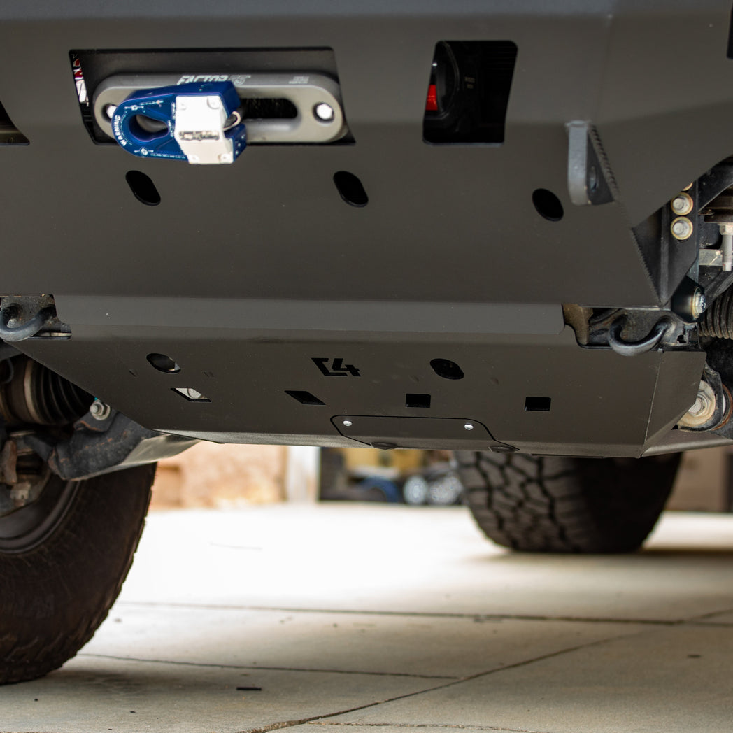 View from in front of a 4Runner showing the look of a full-finished and powder coated front skid plate from C4 Fabrications.