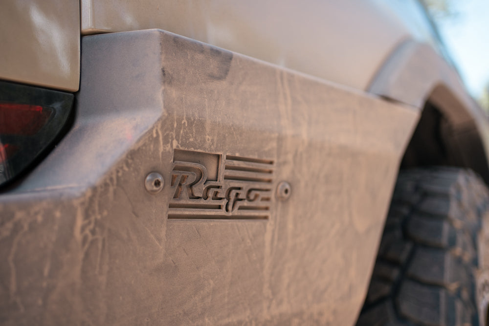 Dirty/dusty full-width, steel, off-road rear bumper for the Lexus GX 550.
