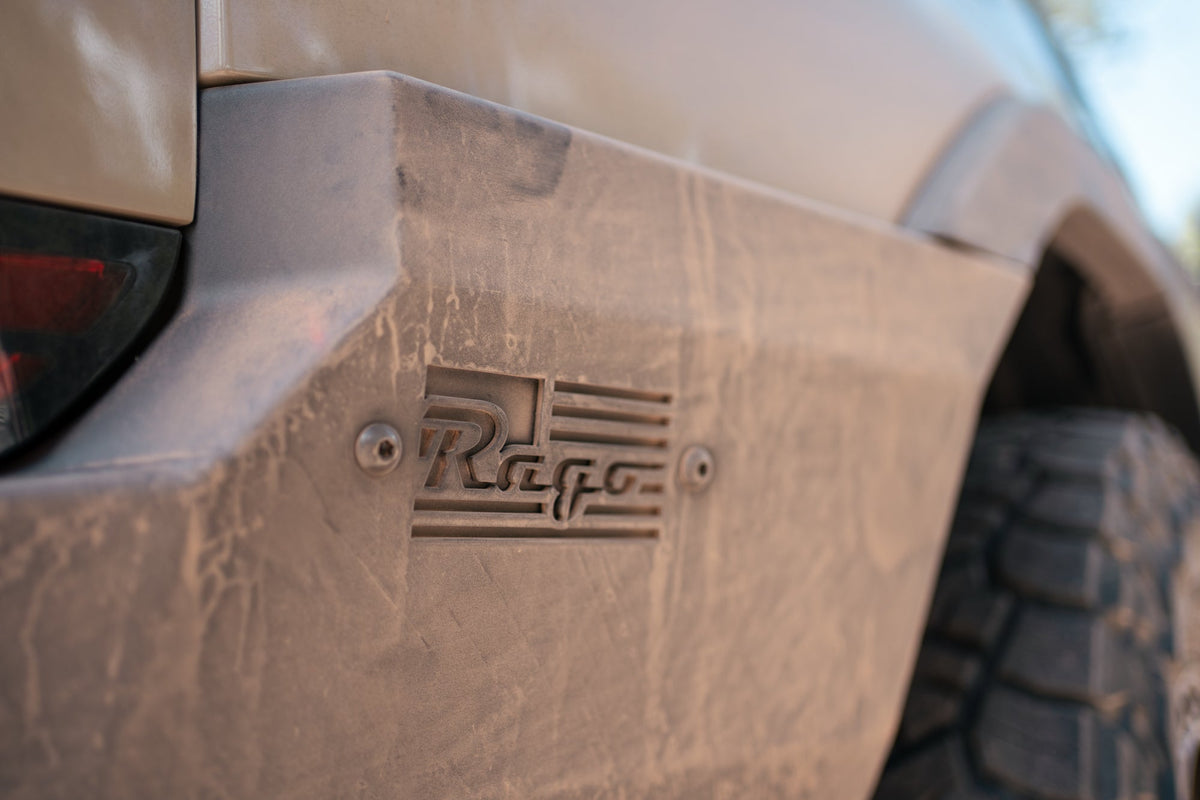 Dirty/dusty full-width, steel, off-road rear bumper for the Lexus GX 550.