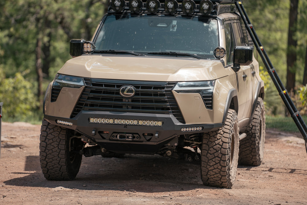 Camping trip, GX 550 has the full-width steel front bumper by Rago fabrication. Winch and lighting compatible.