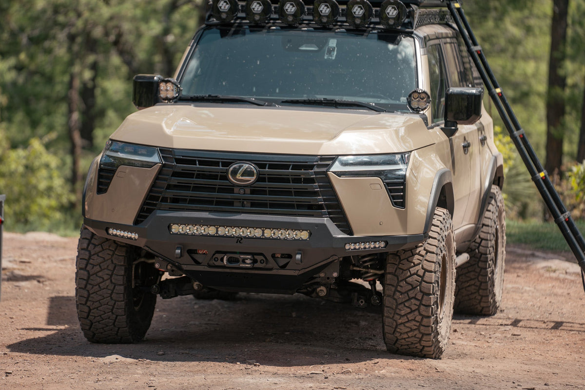 Camping trip, GX 550 has the full-width steel front bumper by Rago fabrication. Winch and lighting compatible.