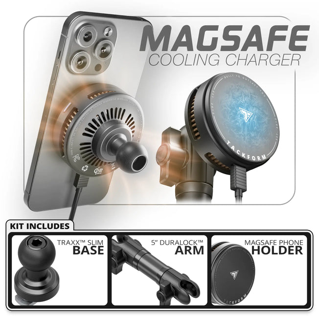 Qi2/MagSafe Charging & Cooling Phone Holder  | TRAXX™ - Slim Track Base | 5" DuraLock Arm