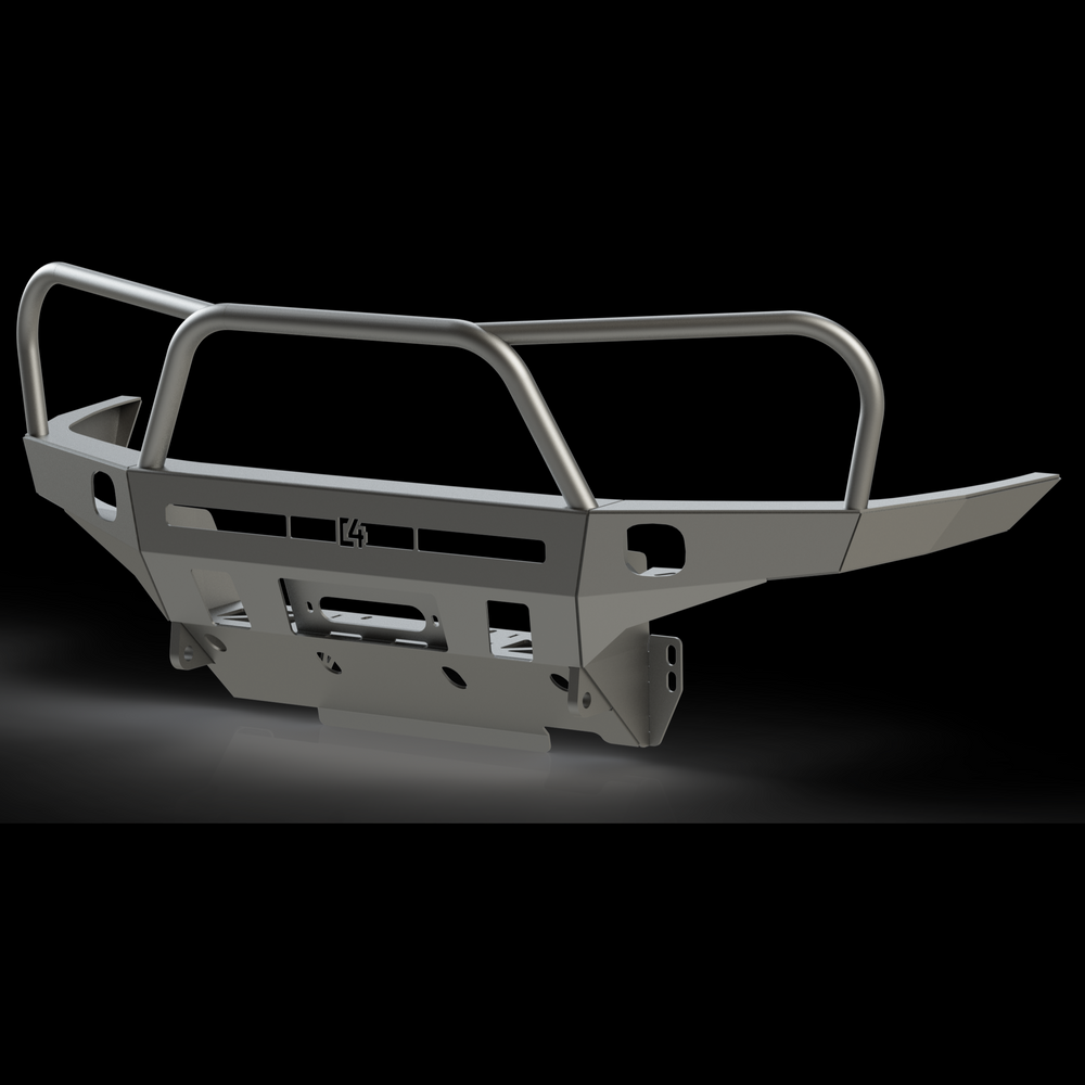 Digital rendering of the C4 Overland bumper with full-height bull bar and headlight hoops. 