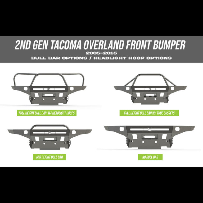 Compilation of digital renderings showing the four bull bar variations available for the 2nd Gen Tacoma Overland front bumper – no bull bar, mid-height bull bar, full-height bull bar with tube gussets and full-height bull bar with headlight hoops.