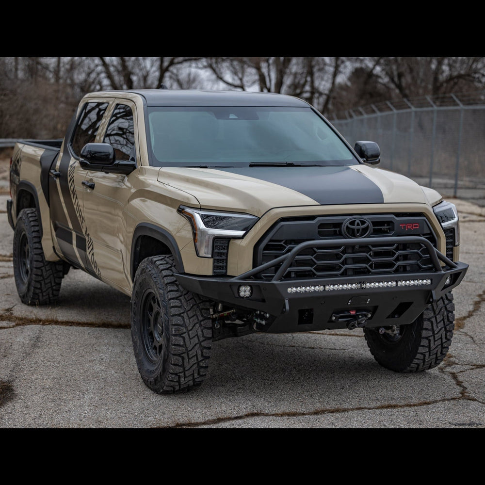 Modified 2022+ Toyota Tundra TRD Pro with a C4 Overland bumper with medium height bull bar and tube gussets. 