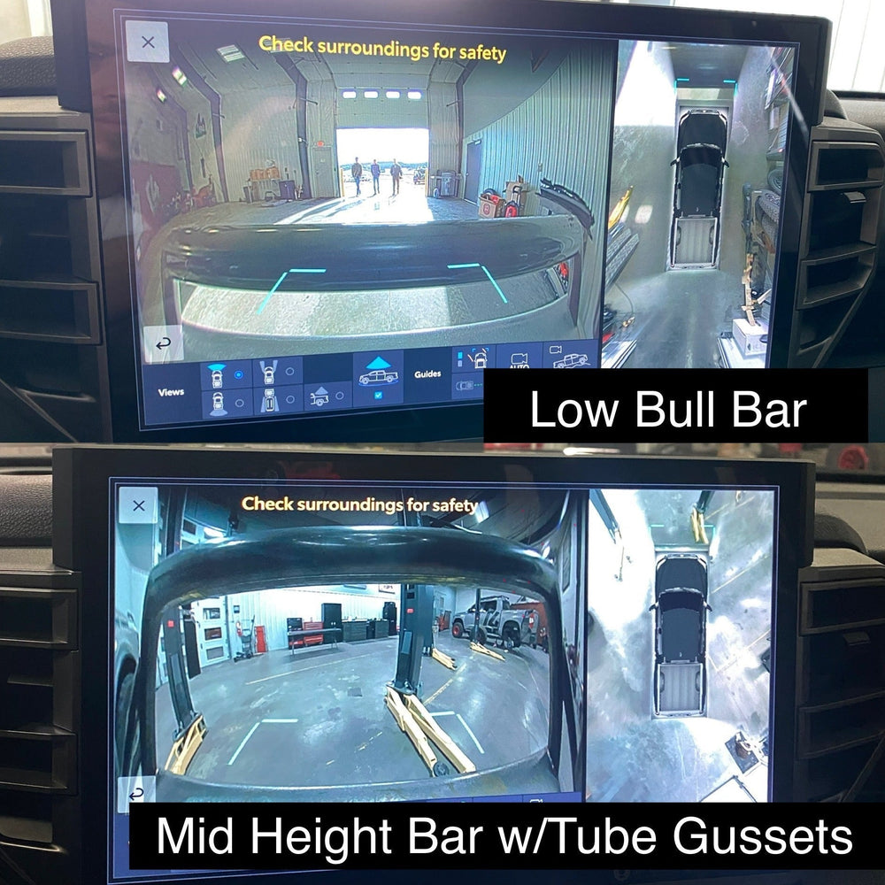Comparison of views from the Tundra front-facing camera between the low bull bar and the mid-height bull bar for the C4 Overland front bumper.