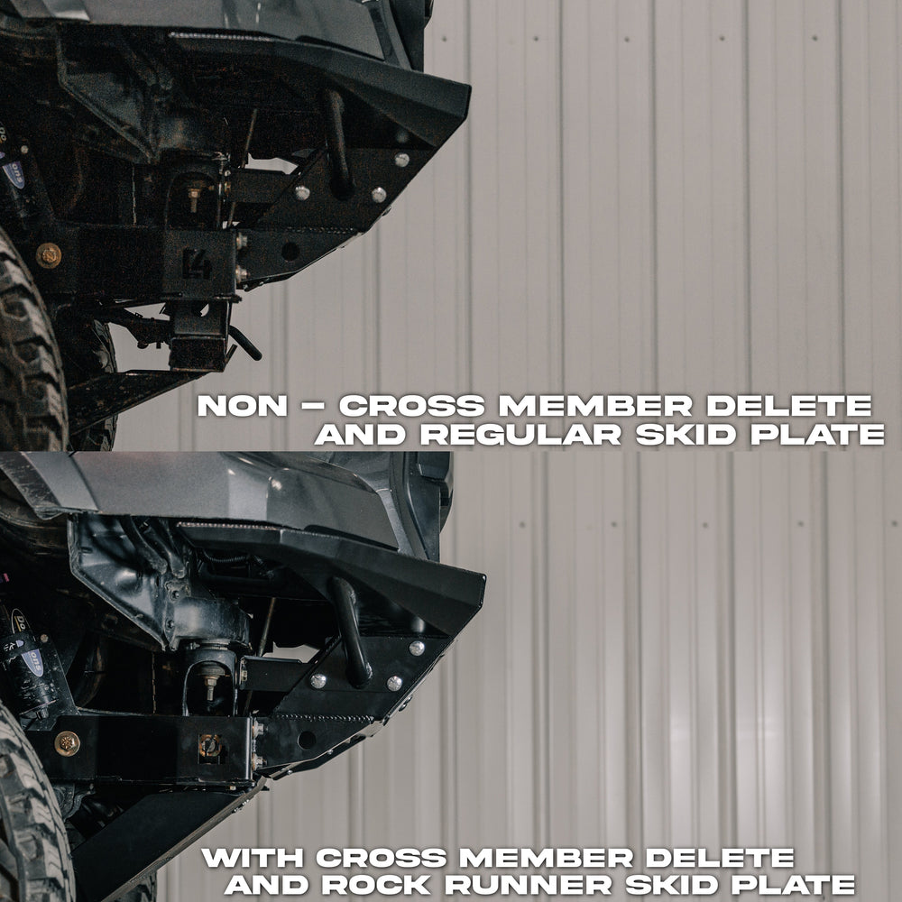 Composite photo showing a comparison of the non-crossmember skid versus the C4 crossmember delete skid.