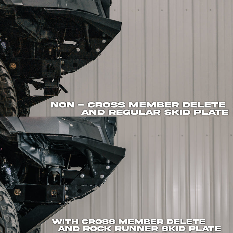 Composite photo showing a comparison of the non-crossmember skid versus the C4 crossmember delete skid.