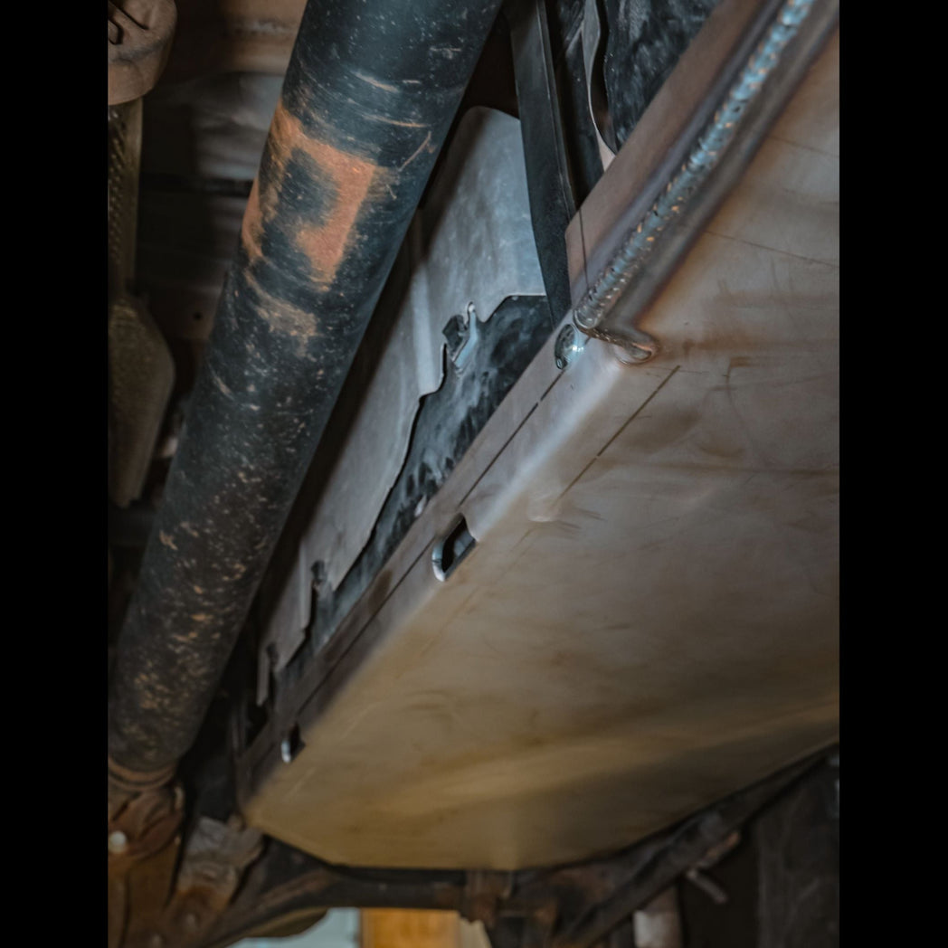 Up close view of C4 Fabrication fuel tank skid plate on a 5th Gen 4Runner