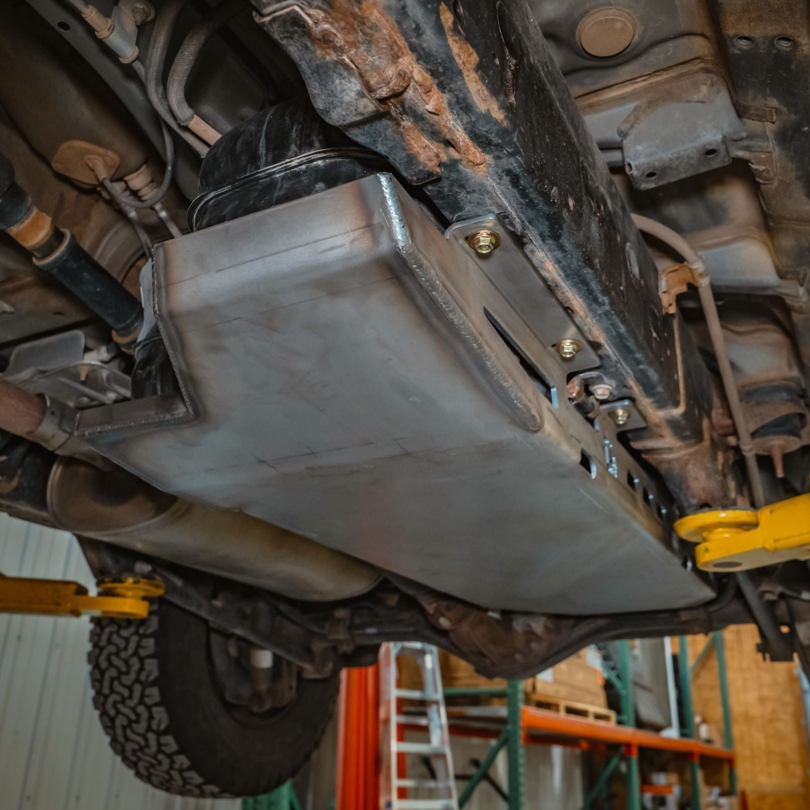 View of the weld quality of a C4 Fabrication 5th Gen 4Runner fuel tank skid plate