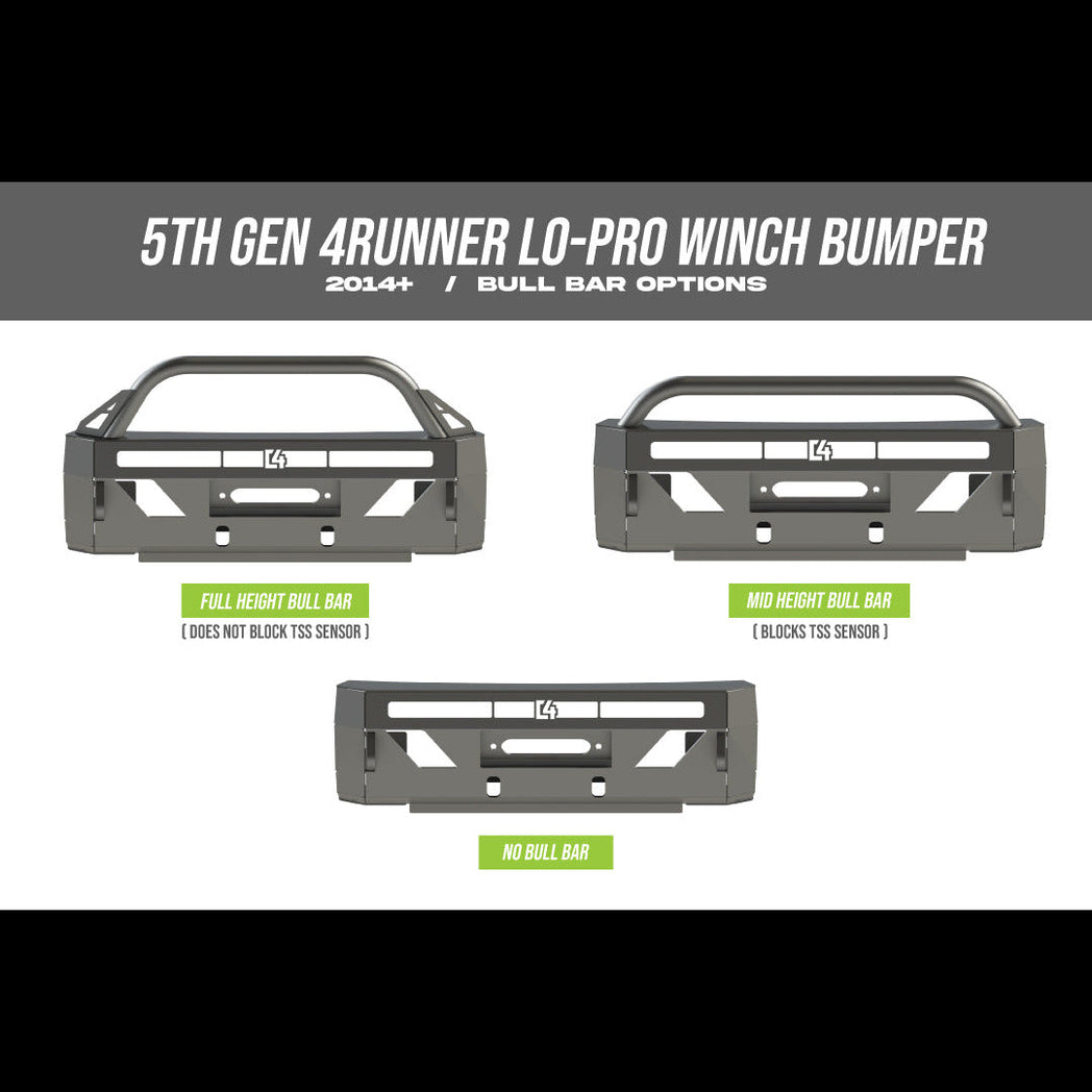 Digital renderings showing the available bull bar options for the C4 Lo-Pro winch bumper for the 5th Gen 4Runner to include no bull bar, mid-height bull bar and full-height bull bar with plate gussets.