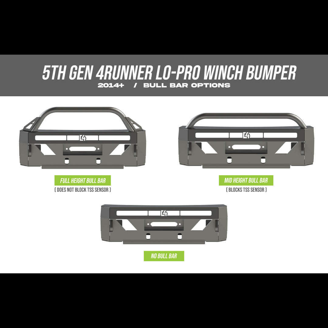 Digital renderings showing the available bull bar options for the C4 Lo-Pro winch bumper for the 5th Gen 4Runner to include no bull bar, mid-height bull bar and full-height bull bar with plate gussets.