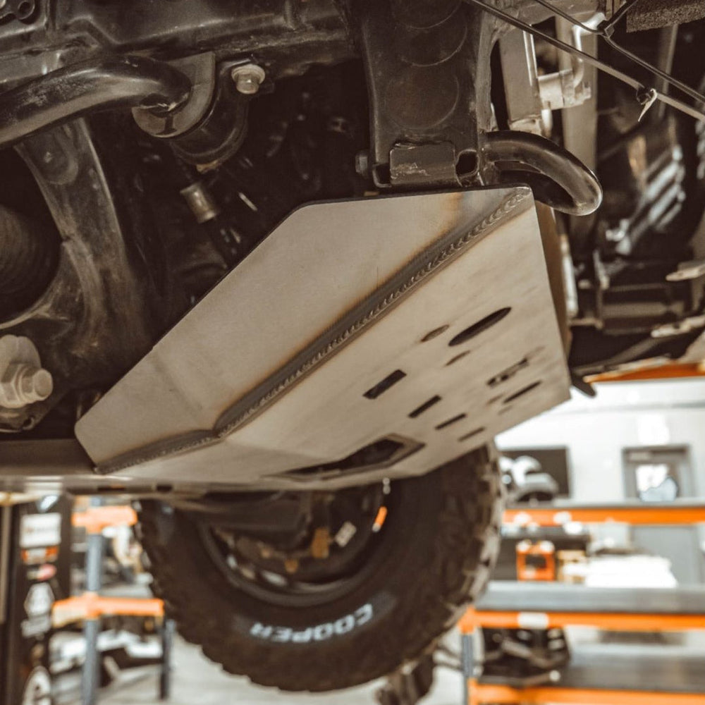 Side view of 5th Gen 4Runner front skid plate, showing the raw steel finish they ship with from C4 Fabrication.