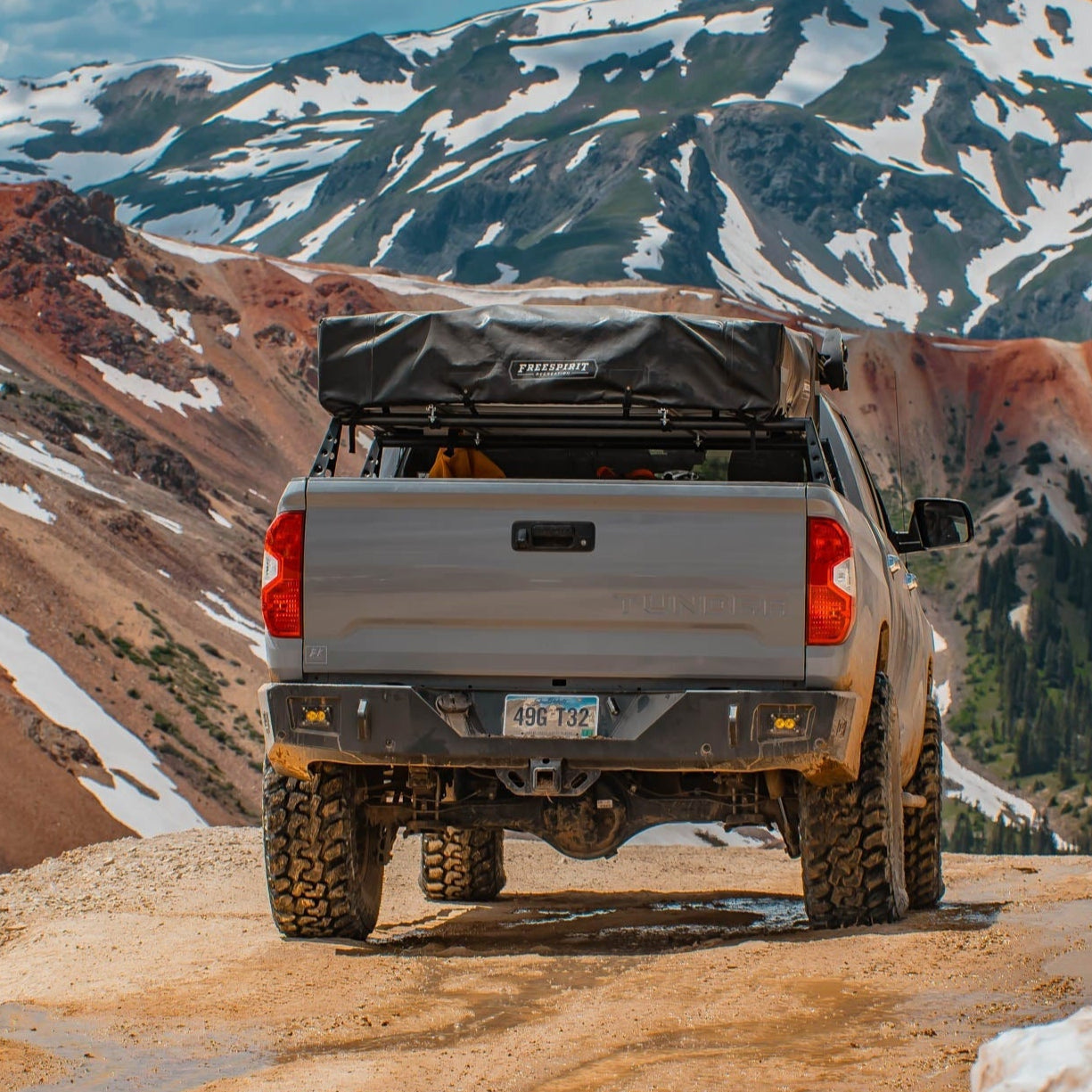Toyota Tundra exploring the mountains and showing off its C4 Overland rear bumper.