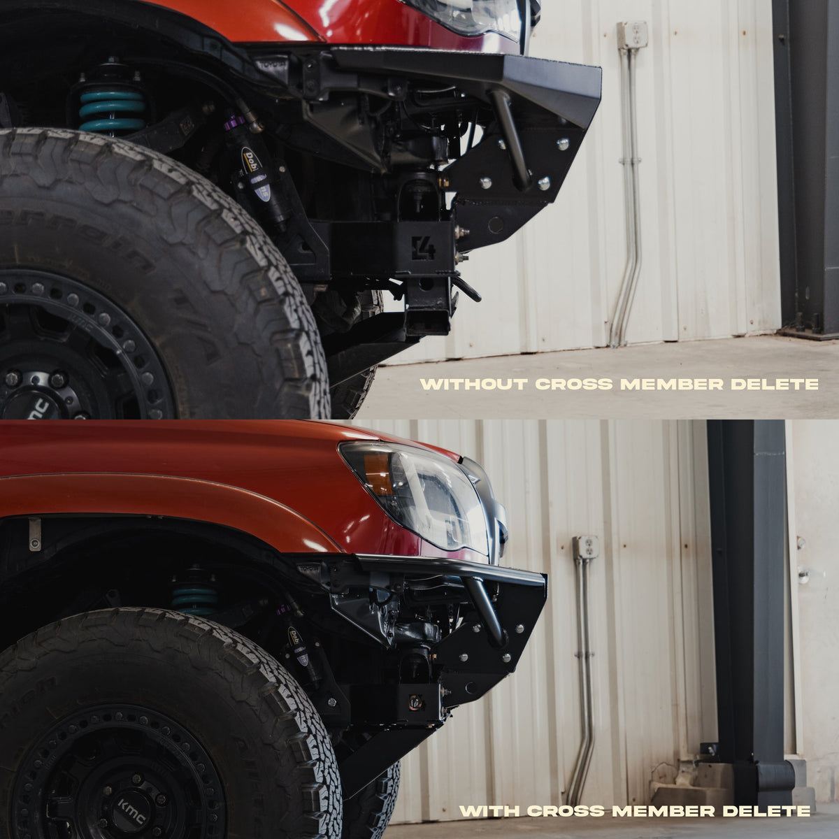 Compilation view of a Tacoma with the C4 Rock Runner bumper and standard front skid plate versus one with the Rock Runner Skid Plate with Crossmember Delete - a drastic difference in front approach angle and ground clearance forward of the front axle.